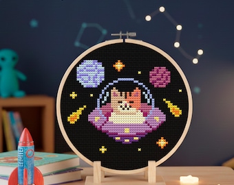 Space Cat Cross Stitch Pattern: Funny UFO Spaceship (PDF)