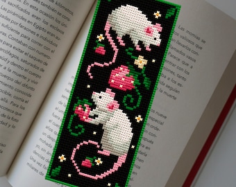 Strawberry Mice Cross Stitch Bookmark Pattern PDF, Aesthetic Summer Bookmark, Funny Mice Embroidery Pattern, Handmade Bookmark Embroidery