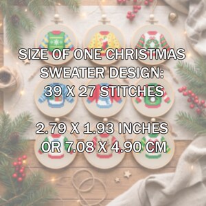 Christmas embroidery sweater design size chart showing 39x27 stitches, nine hoops on holiday flatlay, TourmalinePattern on Etsy.