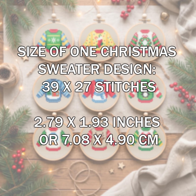 Christmas embroidery sweater design size chart showing 39x27 stitches, nine hoops on holiday flatlay, TourmalinePattern on Etsy.