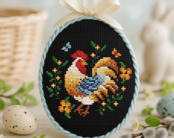 Floral Rooster Cross Stitch: Farmhouse Easter Chicken Design (PDF)