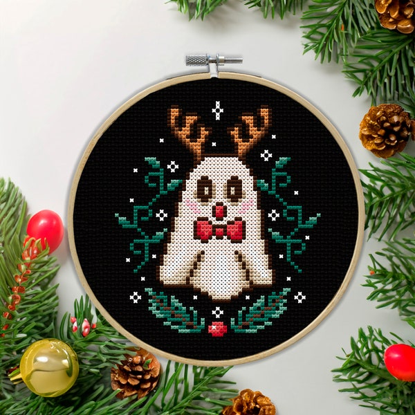 Christmas deer ghost cross stitch pattern Cute ghost embroidery design Christmas funny cross stitch PDF