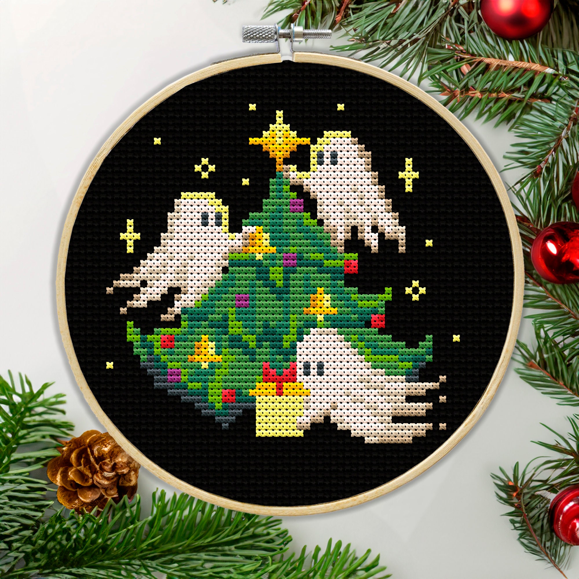 Ghost Stitching Pattern Ghost Cross Stitch Pattern PDF, Three Ghosts Decorating Christmas Tree ...