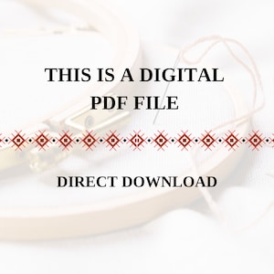 Puede incluir: Primer plano de una tela blanca con un aro de bordado de madera y una aguja con hilo. El texto "THIS IS A DIGITAL PDF FILE DIRECT DOWNLOAD" est&aacute; impreso en la tela.
