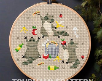 Funny Raccoons Cross Stitch Pattern PDF, Trash Panda Embroidery, Trash Animals Embroidery, Simple Needlework for Cottagecore Decor