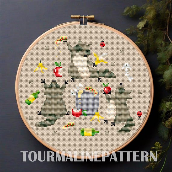 おもしろアライグマのクロスステッチ図案PDF、トラッシュパンダの刺繍