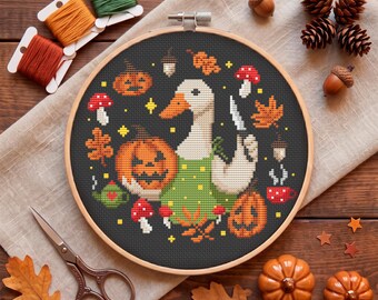 Silly Goose Cross Stitch Pattern, Funny Halloween Pumpkin Scene PDF Chart, Cottagecore Decor