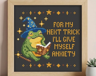 Wizard Frog PDF Cross Stitch Pattern, Snarky Anxiety Quote for Modern Home Decor