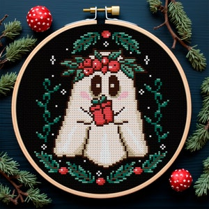 Cute Ghost Christmas Cross Stitch Pattern, Spooky Holiday Embroidery (PDF Pattern)