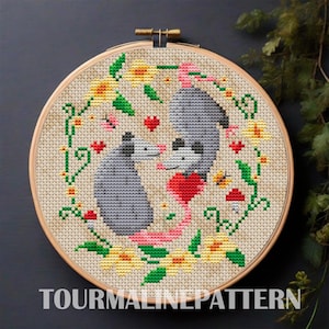 Funny Possum Cross Stitch Pattern PDF, Cute Opossum Couple Embroidery, Romance Cross Stitch, Spring Floral Animal Decor