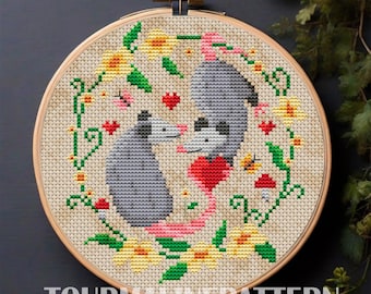 Funny Possum Couple Cross Stitch Pattern PDF – Floral Romance Opossum Embroidery