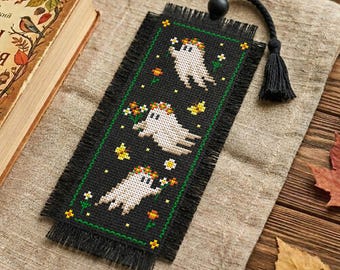 Ghost Bookmark Cross Stitch, Floral Spirits in Flower Crowns Chart PDF, Cottagecore Book Lover Gift