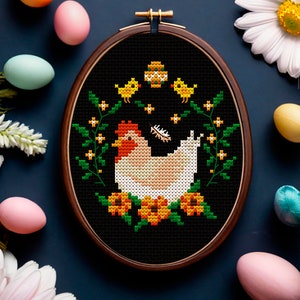 Easter hen and chicks Cross stitch pattern PDF Easter cross stitch Hello spring Floral chicken embroidery Holiday cross stitch Easter decor