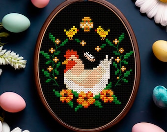 Easter hen and chicks Cross stitch pattern PDF Easter cross stitch Hello spring Floral chicken embroidery Holiday cross stitch Easter decor