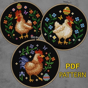 Blumen Huhn Kreuzstich Set PDF, Einfache Bauernhaus Huhn Stickmuster, Rustikales Stickpaket, Mini Kreuzstichmuster Set