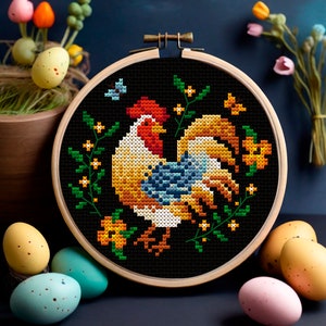 Easter rooster cross stitch pattern PDF Spring floral chicken Farmhouse decor Cottagecore embroidery Easter bird cross stitch Easter decor