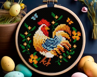 Easter rooster cross stitch pattern PDF Spring floral chicken Farmhouse decor Cottagecore embroidery Easter bird cross stitch Easter decor