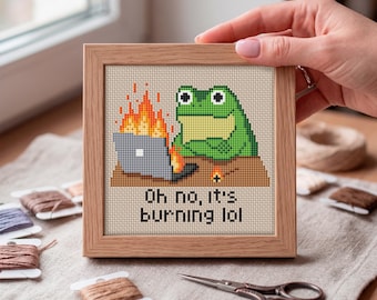 Snarky Frog Cross Stitch Pattern PDF, Burning Laptop, Funny Office Decor