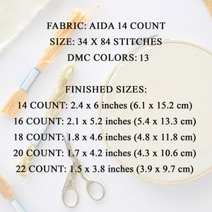 May include: Aida 14 count fabric with instructions for finished sizes in inches and centimeters. The fabric is for cross stitch and requires 34 x 84 stitches. 13 DMC colors are needed for this project.