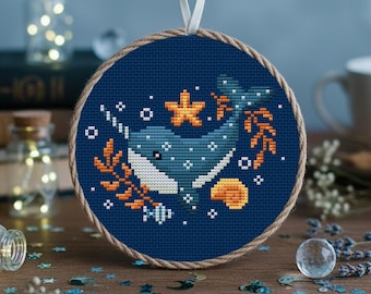 Narwhal Cross Stitch Pattern: Blue Whale Ocean Decor (PDF)