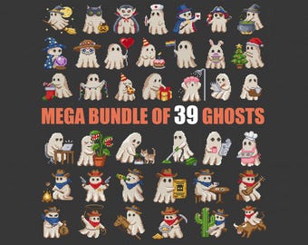 Ghost Cross Stitch Pattern Bundle PDF, 39 Creepy Cute Spooky Halloween Chart Set, Cowboy Mini Decor