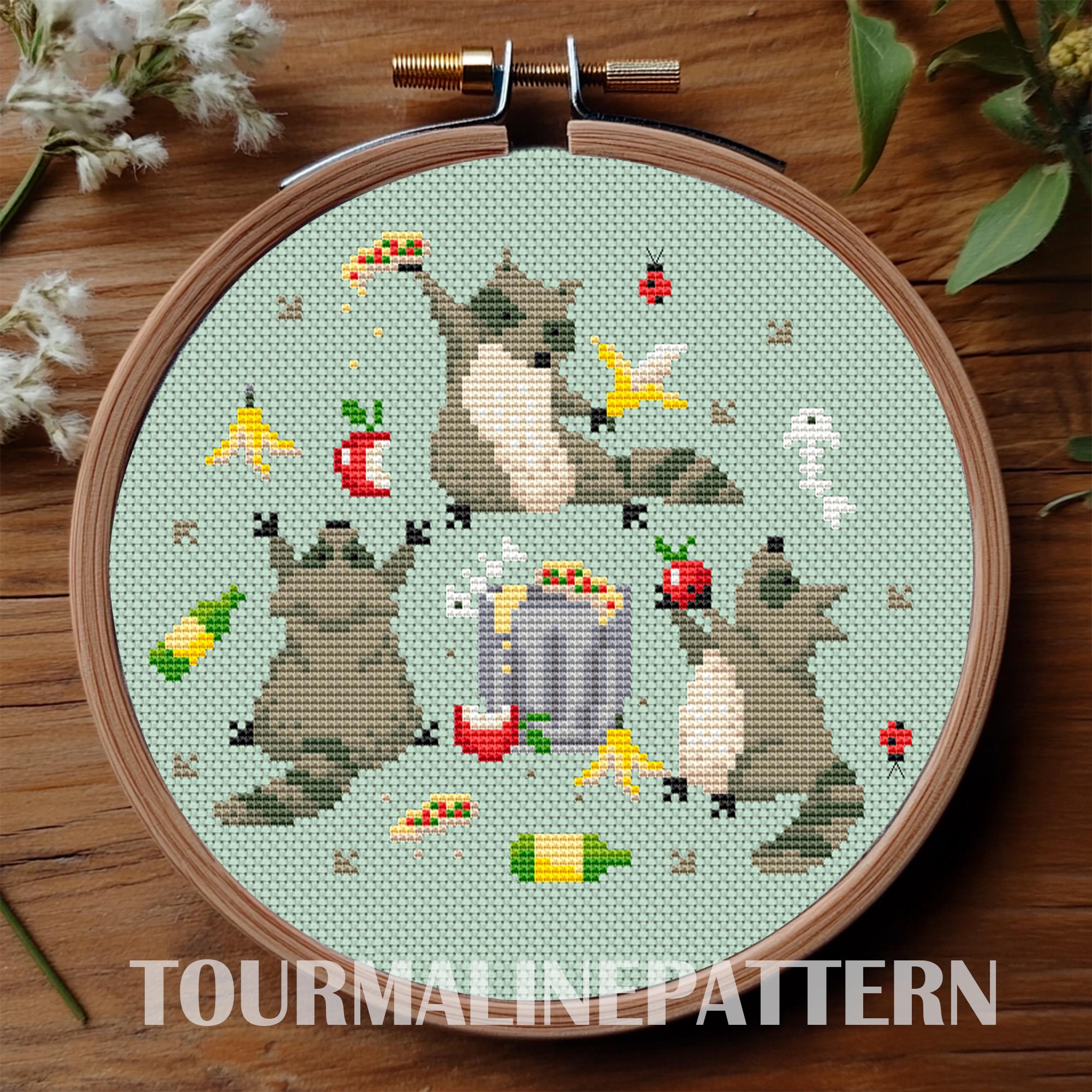 おもしろアライグマのクロスステッチ図案PDF、トラッシュパンダの刺繍