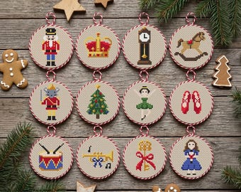 Nutcracker Ornament Cross Stitch Pattern Bundle, 12 Days of Christmas Mini Charts PDF
