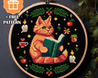 Orange Cat Reading Book Cross Stitch Pattern, Witchy Dark Aesthetic PDF, Magic Library Wall Art