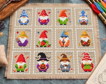 Monthly Gnomes Cross Stitch PDF — 12 Seasons Bundle Pattern