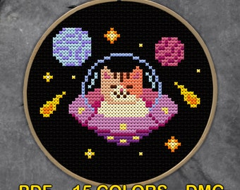 Cat in space Small cross stitch pattern PDF Funny cat embroidery Mini cross stitch Planets embroidery Solar system