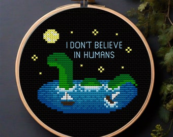 Nessie Cross Stitch PDF, Sarcastic Lake Monster Hoop Pattern, Witty Fantasy Wall Art