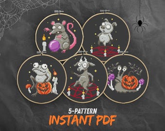 5 Spooky Halloween Animals Cross Stitch PDF, Gothic Occult Bundle, Mini Embroidery Set