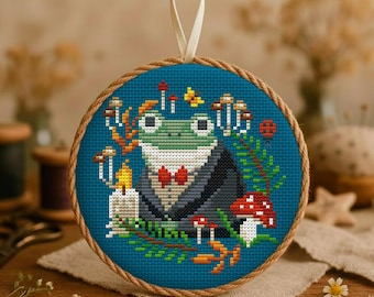 Frog Cross Stitch Pattern PDF, Forest Toad with Mushrooms, Goblincore Dark Cottagecore Embroidery