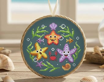 Starfish Cross Stitch Pattern PDF, Smiling Sea Stars with Shells and Seaweed
