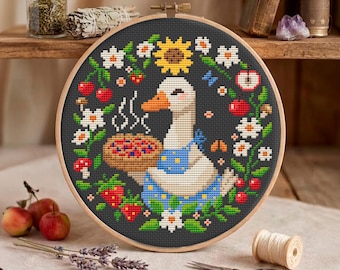 Goose Cross Stitch Pattern with Berry Pie, Sunflower Wreath, Apples and Strawberries, Cottagecore Hoop Art PDF Chart