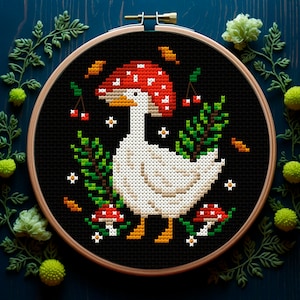 Silly goose in mushroom Cross stitch pattern PDF Forest mushroom embroidery Snarky goose cross stitch