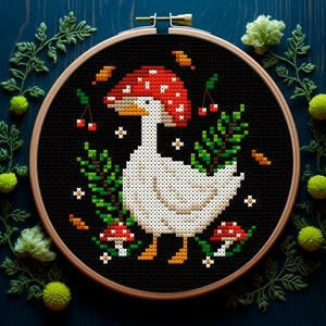 May include: A white goose with a red and white mushroom on its head, surrounded by green leaves, white flowers, and red mushrooms. The goose is standing on a black background.