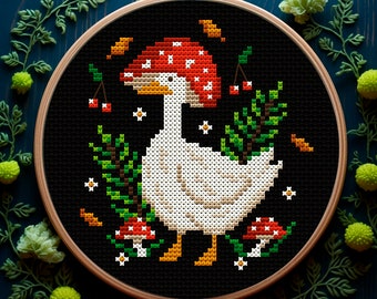 Silly goose in mushroom Cross stitch pattern PDF Forest mushroom embroidery Snarky goose cross stitch