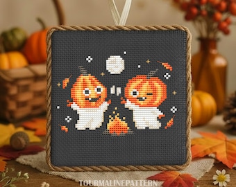 Korsstygnsmönster med pumpa och spöke, lägereld i PDF-format, broderi med Halloween-jack-o'-lantern, gotisk höst