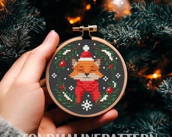 Christmas Fox Cross Stitch PDF, Santa Fox Mini Ornament Pattern, Woodland Holiday Tree Decor