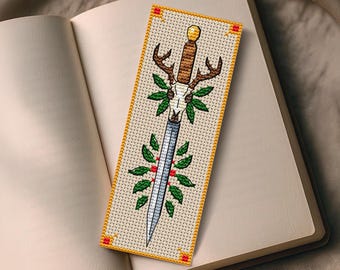 Druidic Sword Bookmark Cross Stitch PDF, Deer Skull Blade with Holly, Mystical Fantasy Embroidery