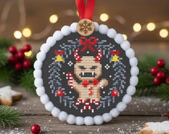 Gingerbread Man kruissteekpatroon pdf, griezelige kerstornament, borduurmotief donkere feestdagen