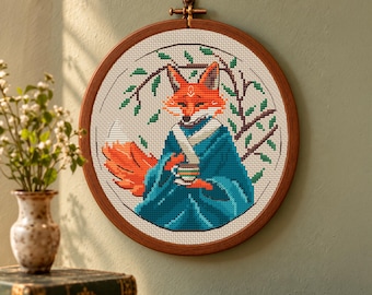Japanese Style Fox Cross Stitch Pattern PDF, Kimono, Teacup and Leafy Branches, Tea Time Wall Art