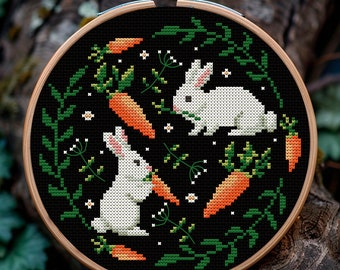 Cute Easter Rabbits Cross Stitch Pattern PDF, Funny Bunny and Carrot Embroidery, Colorful Cottagecore Needlepoint for Spring Crafting