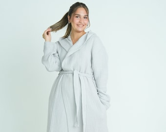 Unisex Hooded Cotton Robe, Muslin Soft Bathrobe Light Gray Long Robe, Turkish High Quality Gauze Bathrobe Pockets