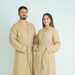 Organic Muslin Cotton Robe: Beige Turkish Kimono Caftan