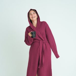 Hooded Long Muslin Robe, Organic Cotton Bathrobe, Burgundy Robe, Cozy Dressing Gown, Turkish Sauna Robe, Gauze Kimono Pocket image 1