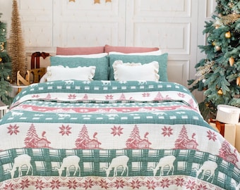 King Size Muslin Christmas Comforter, Soft Cotton Lightweight Winter Blanket,Gauze Quilt