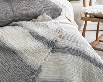 Striped Muslin Blanket: 100% Cotton Reversible Bedspread - Queen Size