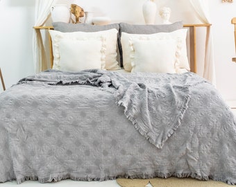 Gray Muslin Blanket King Bedspread: 100% Cotton Waffle Weave Coverlet